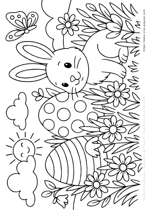 Lapin de Pâques dans le jardin fleuri (coloriage à imprimer gratuitement)